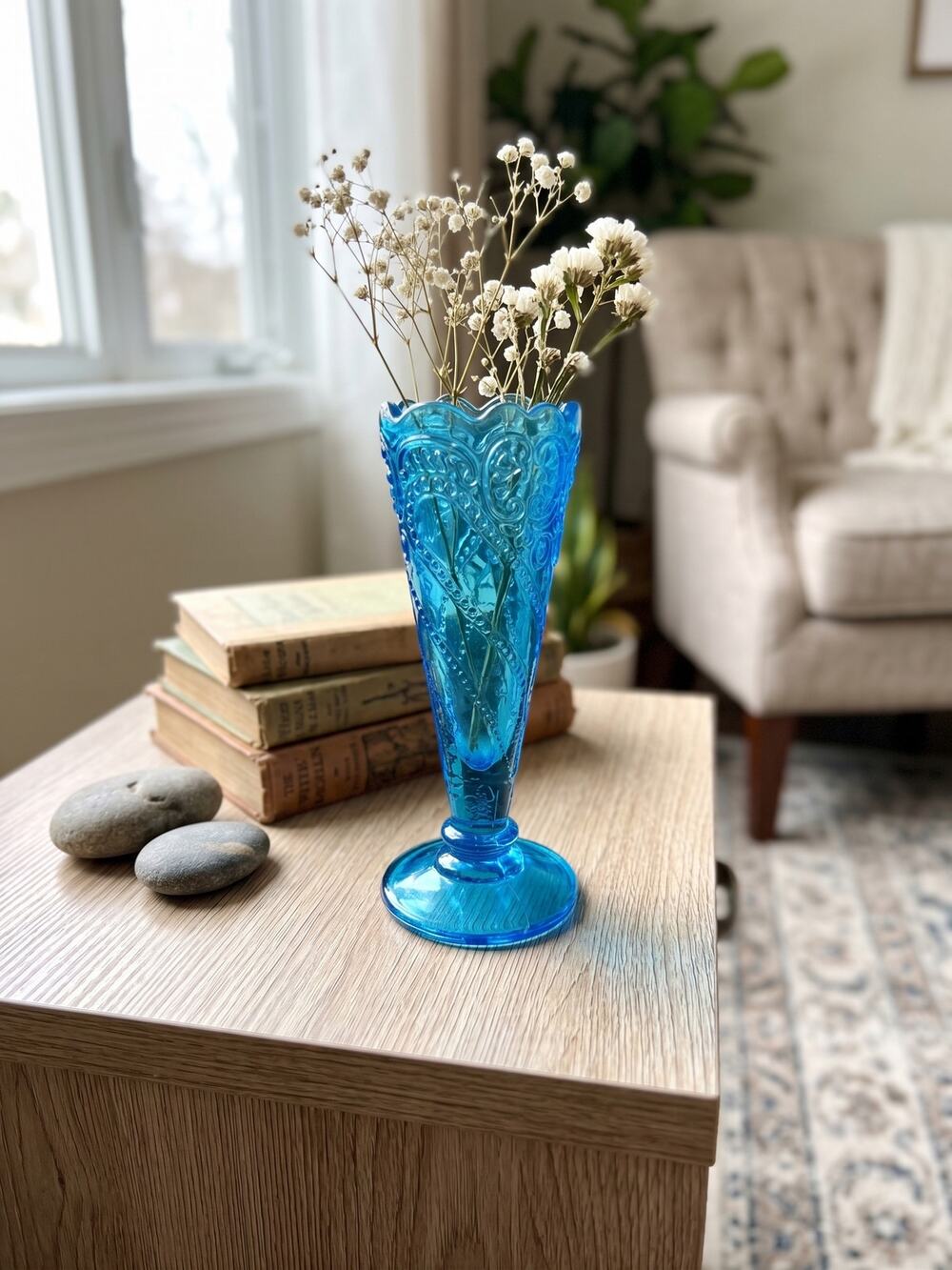 Vintage Aqua Turquoise Blue Glass Vase Swirl Paisley Scroll Pattern Scalloped